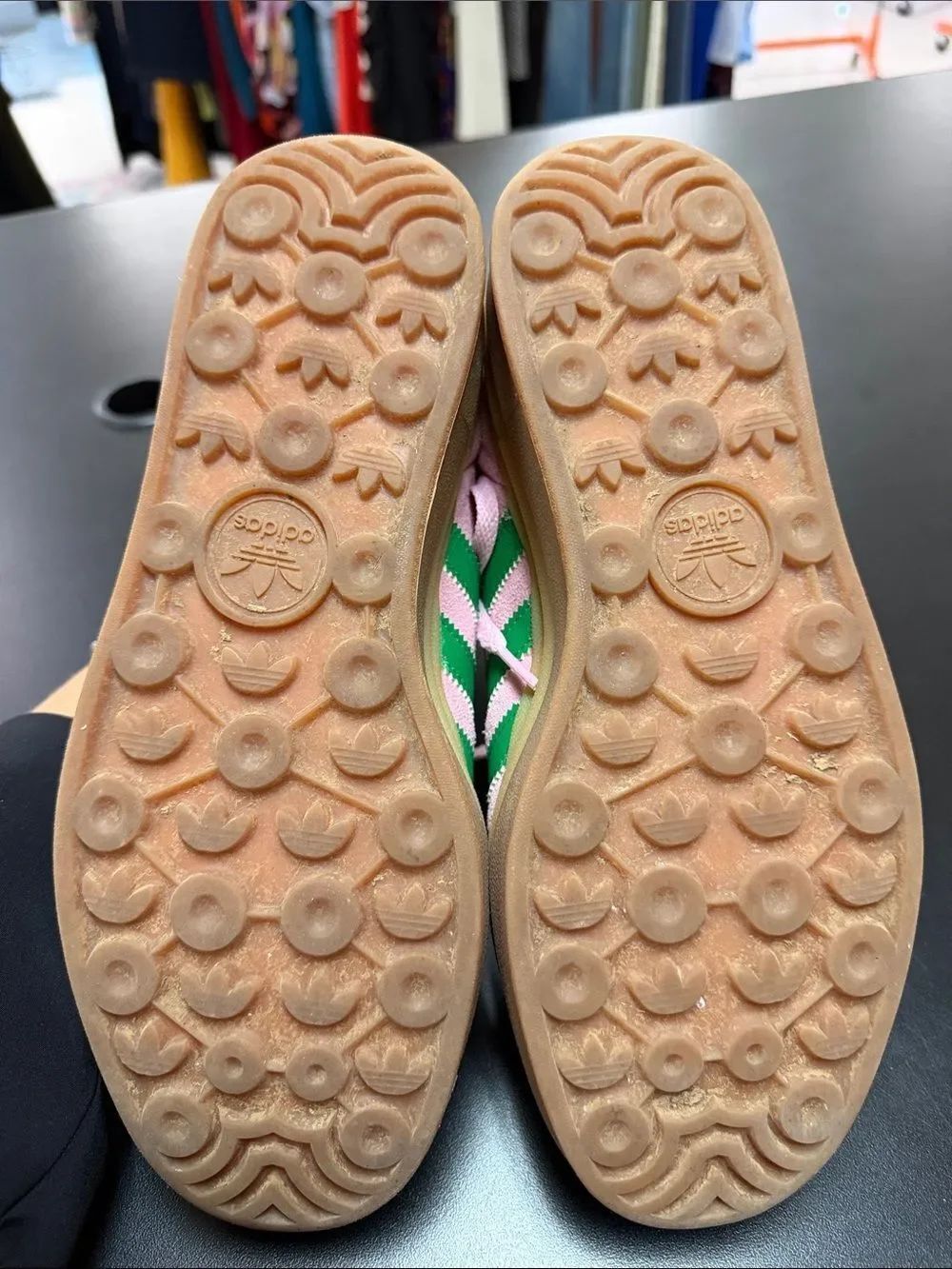 adidas Pink Suede Sneakers with Green Stripes and Gum Platform - Picture 8 of 10